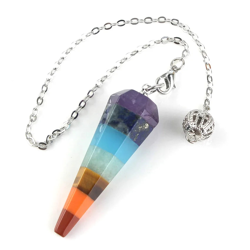 Natural Healing Crystal Quartz Hexagon Prism 7 Chakra Stone Layer Pendulum Pendant