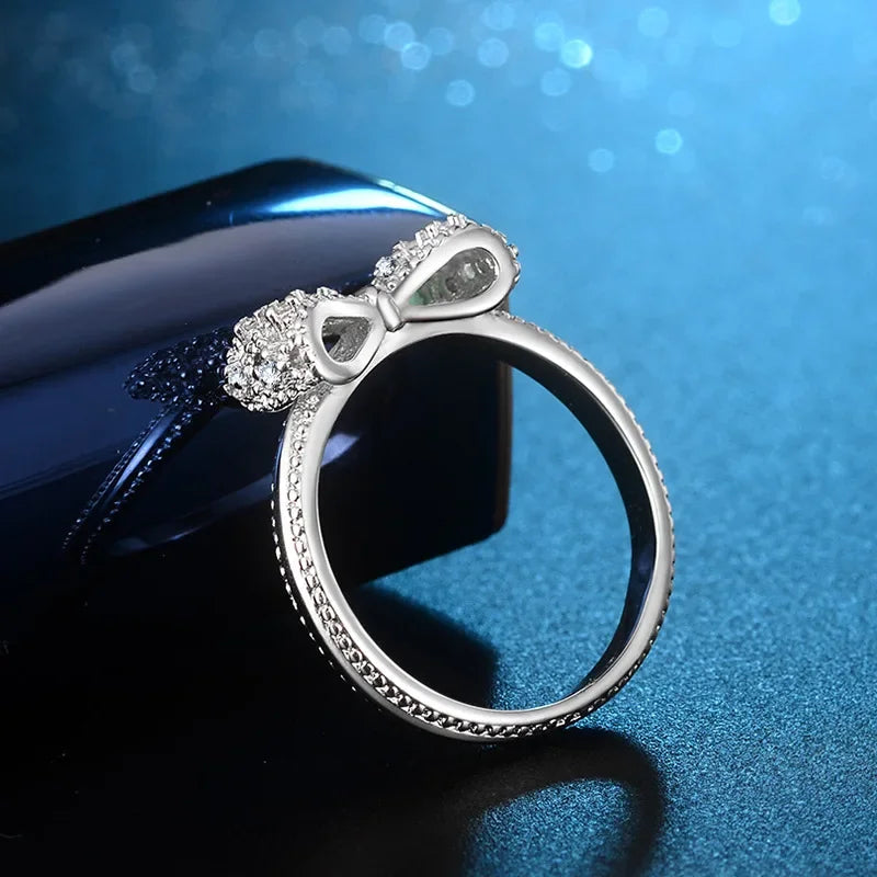Beautiful 925 Sterling Silver Lovely Bowknot Shaped Jewelry Ring Micro Paved Bow Tie Zircon