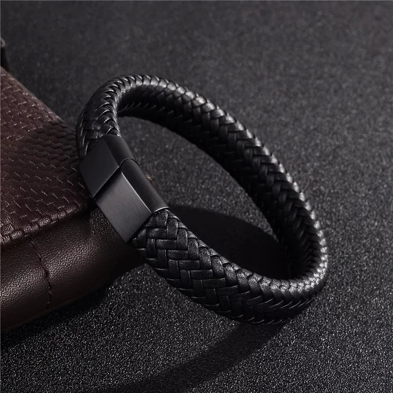 Charm Black Woven Faux Leather Bracelet for Men Fashion Bracelets Metal Magnetic Buckle Bead
