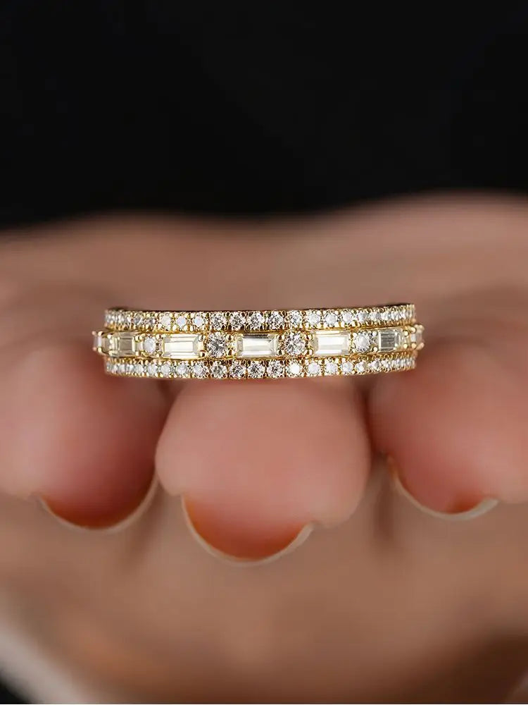 925 Sterling Silver Golden Simpe Rectangular Round Zircon Ring For Women