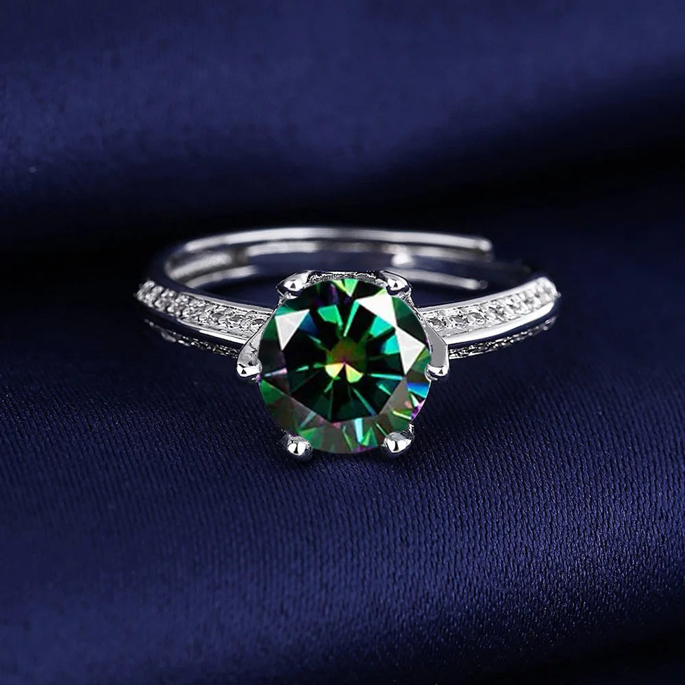 Beautiful 925 Sterling Silver Multicolor Green Moissanite Ring Adjustable Open Band
