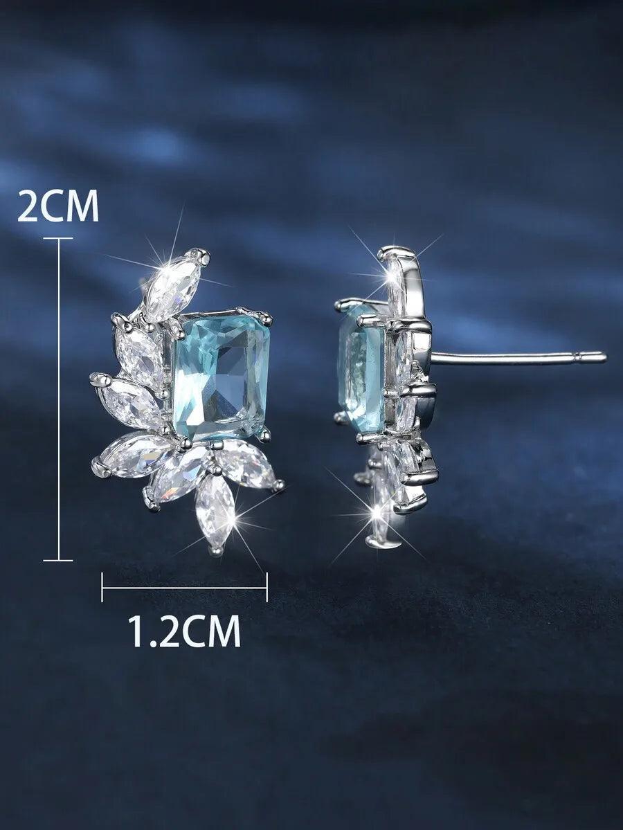 Sea Blue Rectangular Cubic Zirconia Leaf Design Elegant Earrings For Women