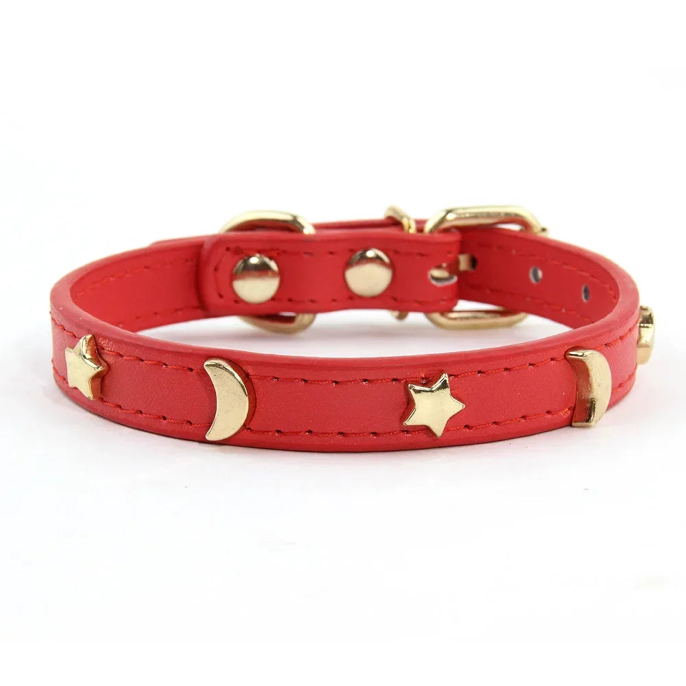 Pet Collar Rivet Star Moon Decor Small Dog Kitten PU Leather