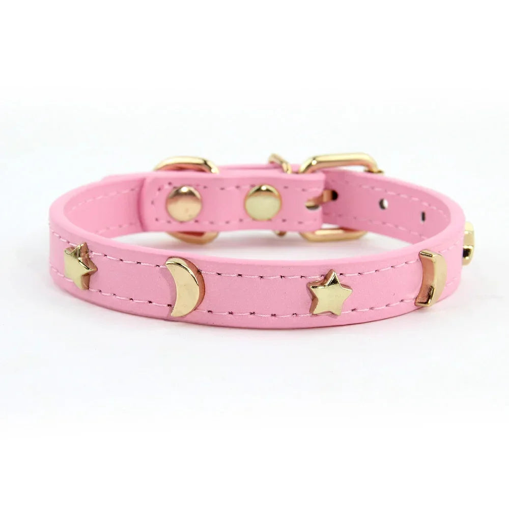 Pet Collar Rivet Star Moon Decor Small Dog Kitten PU Leather