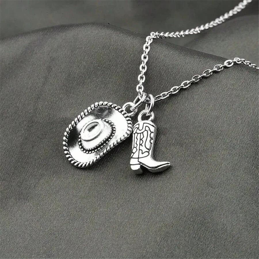 Fashion Antique Silver Color Cowboy Hat Cowgirl Boots Pendant Necklace For Women