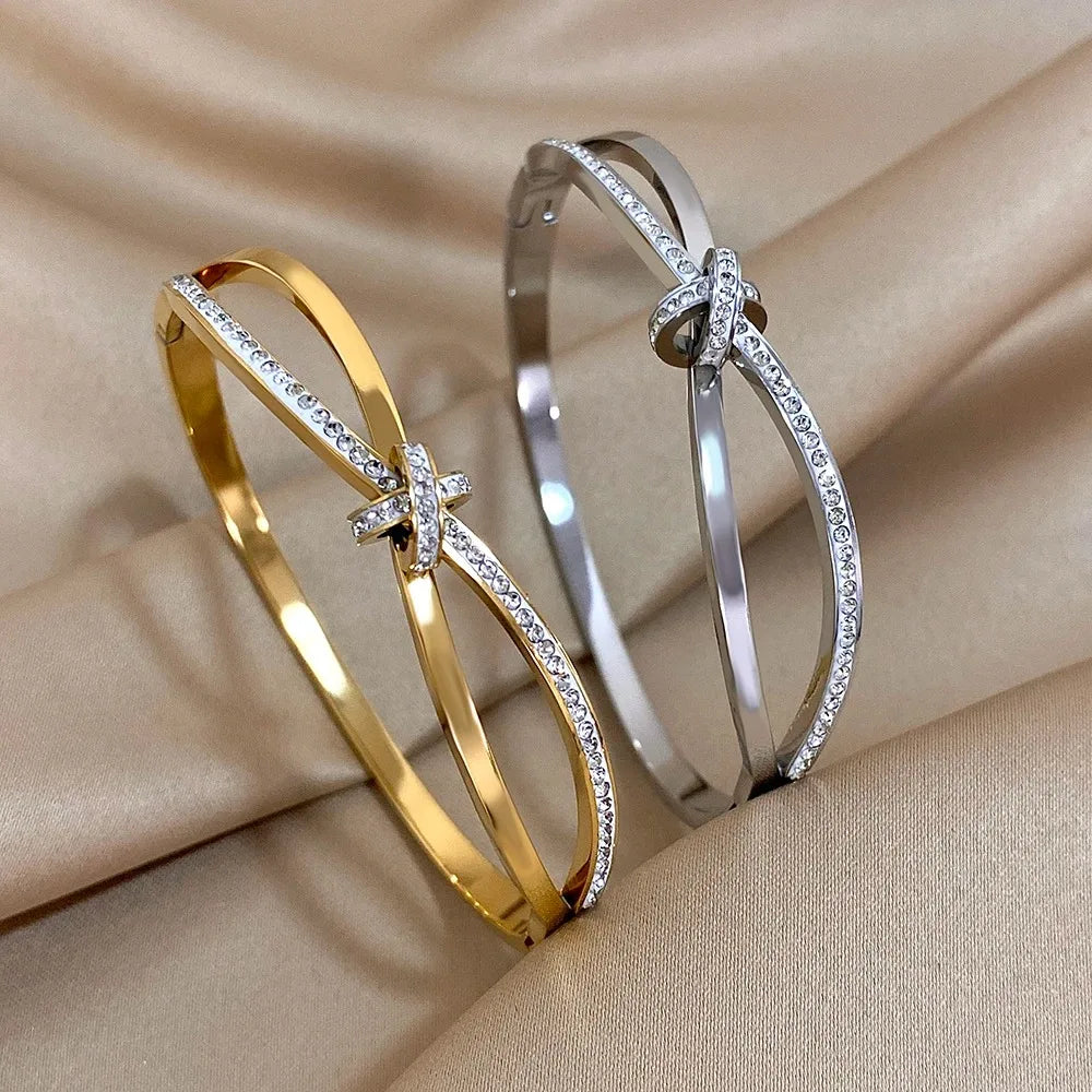 Stainless Steel Bracelet, Trendy with Rhinestone Inlaid Knot Bangles Bracelets for Women