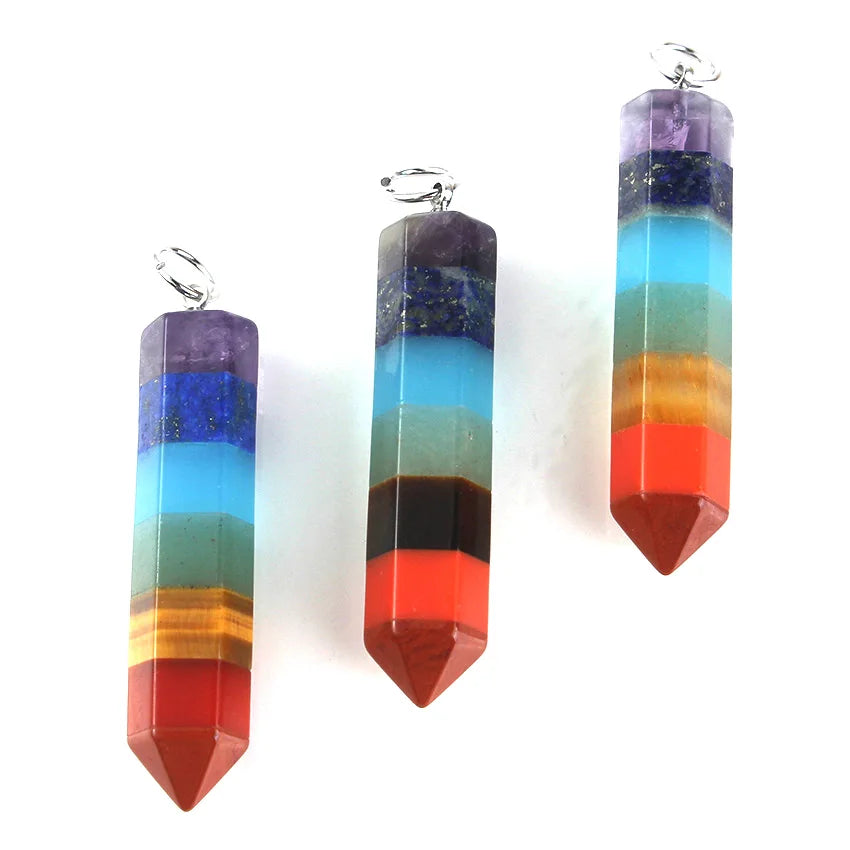 Natural Healing Crystal Quartz Hexagon Prism 7 Chakra Stone Layer Pendulum Pendant