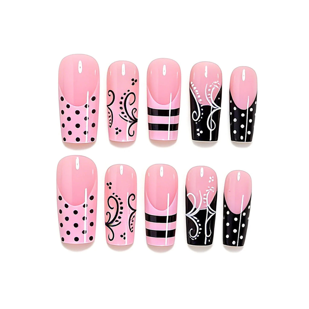 24PCS French Press on Nails Sweet Punk Vine Striped Pink Black French Nail Tip