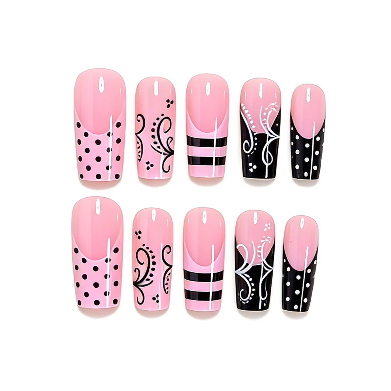 24PCS French Press on Nails Sweet Punk Vine Striped Pink Black French Nail Tip