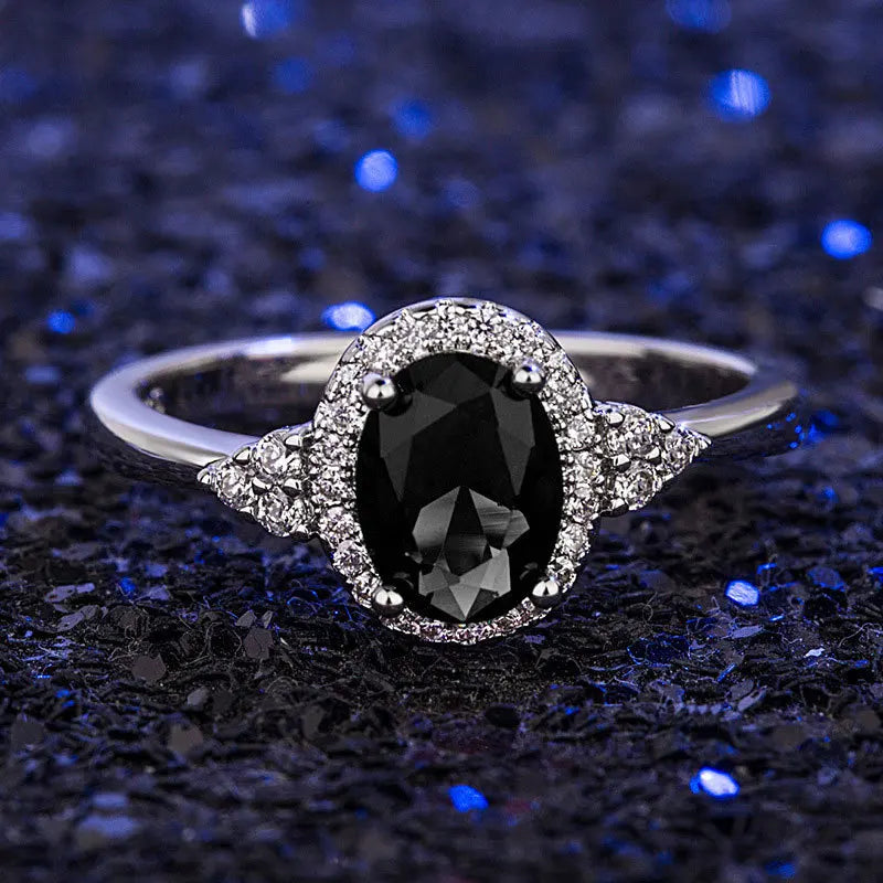 Black Oval Zircon Ring for Women Silver Tone Halo Setting Sparkling CZ Inlaid Elegant Light Luxury
