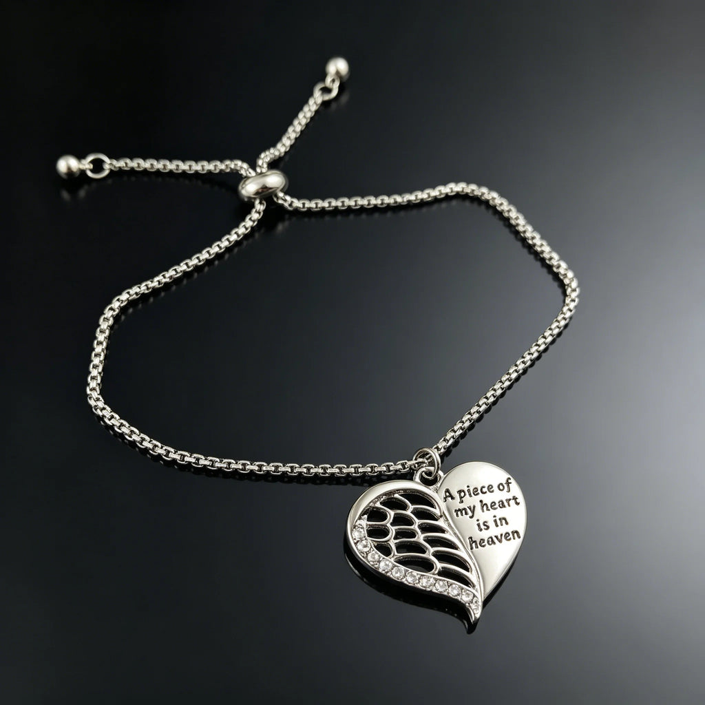 Smooth Polished Angel Heart Bracelet Half Wing Engraved Quote Charm Box Chain Adjustable Bracelet for Women
