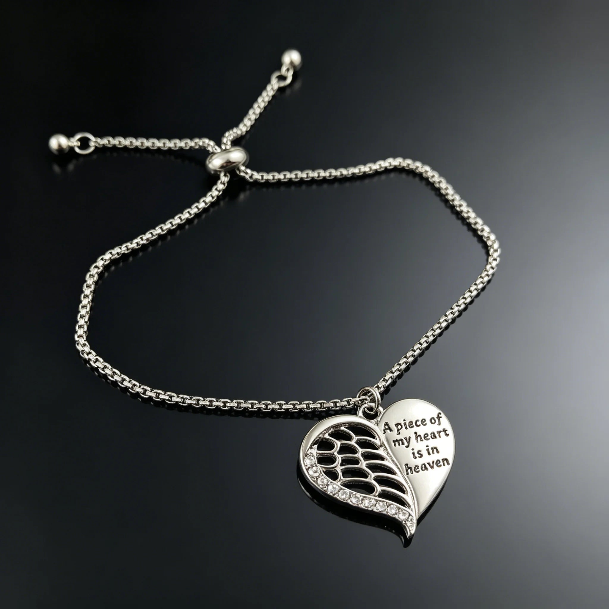 Smooth Polished Angel Heart Bracelet Half Wing Engraved Quote Charm Box Chain Adjustable Bracelet for Women