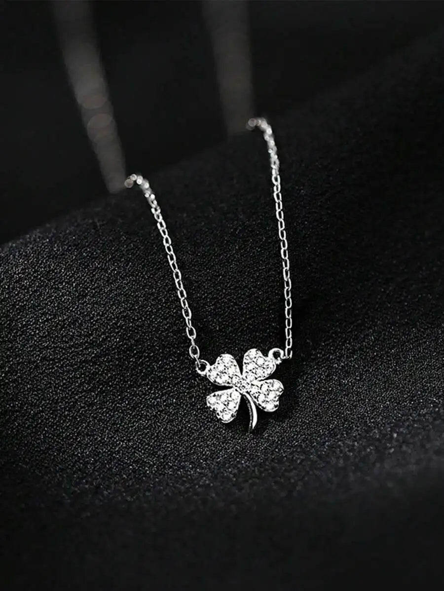 Silver Color Lucky Clover Rhinestone Pendant Chain Necklace For Women
