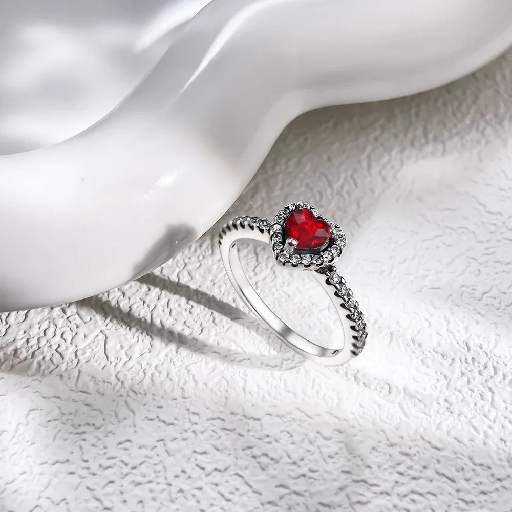 Cute Silver-Plated Heart Halo Ring, Red Cz Center Stone & Pave Clear Cz Accent