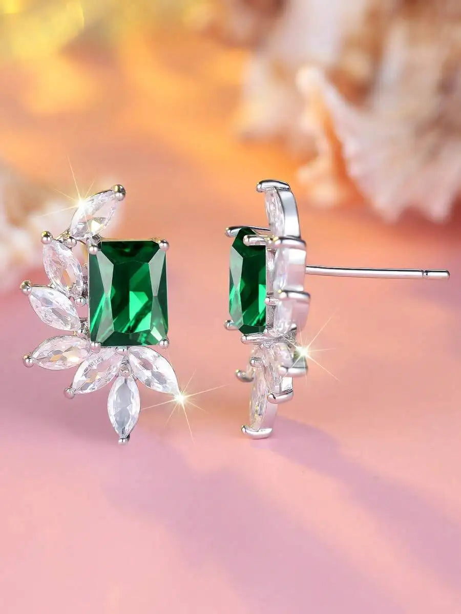 Sea Blue Rectangular Cubic Zirconia Leaf Design Elegant Earrings For Women