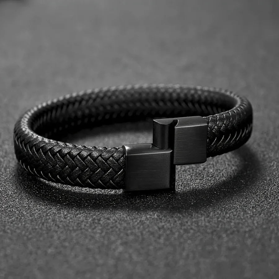 Charm Black Woven Faux Leather Bracelet for Men Fashion Bracelets Metal Magnetic Buckle Bead