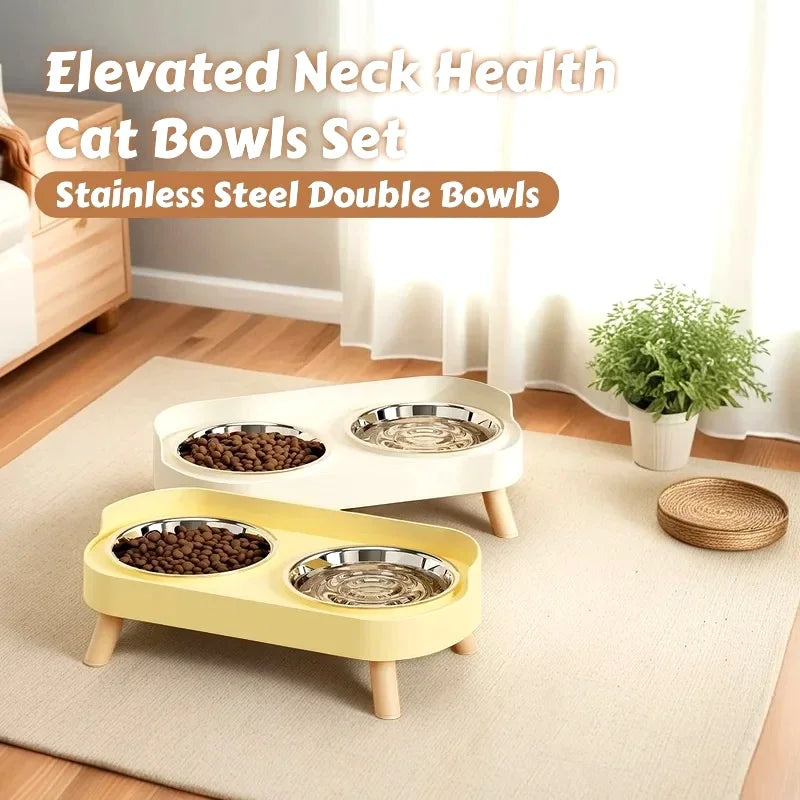 Colorful Elevated Pet Feeder: Dual Stainless Steel Bowls with Neck Support