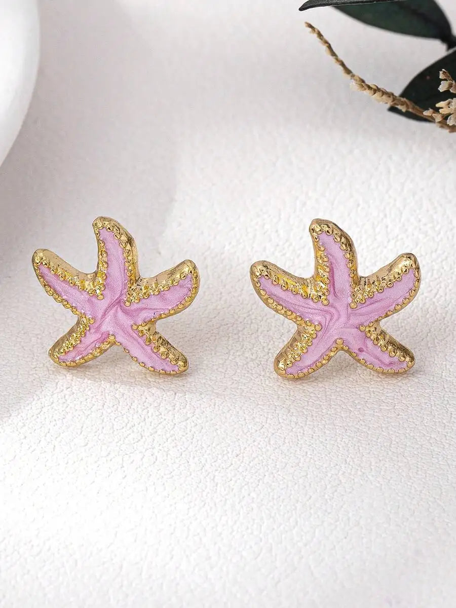 Beautiful Pink Enamel Starfish Stud Earrings With Gold-Tone Alloy Frame For Women