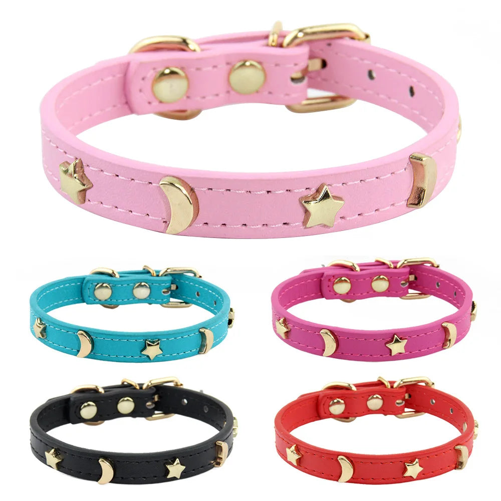Pet Collar Rivet Star Moon Decor Small Dog Kitten PU Leather