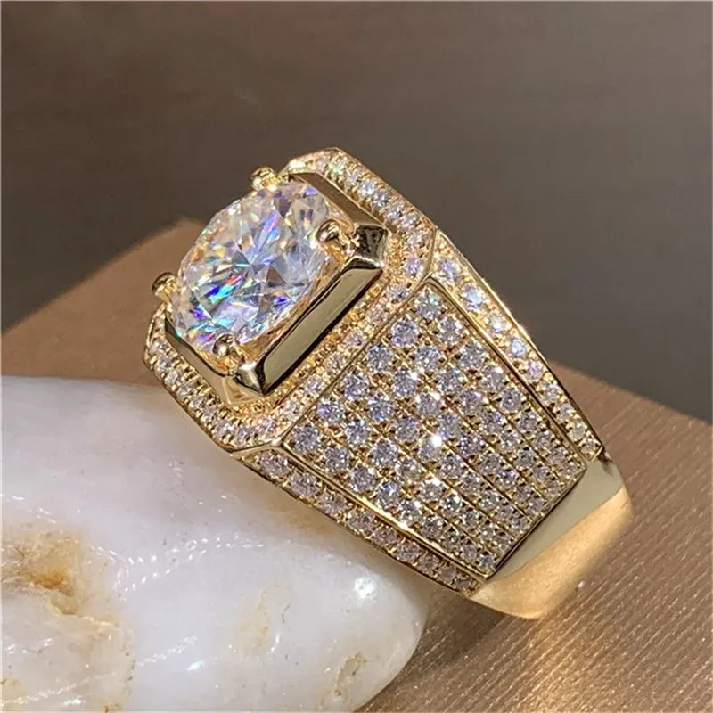Solitaire 14K Gold plated Male 2ct Lab Diamond Moissanite Ring 925 sterling silver Ring for Men