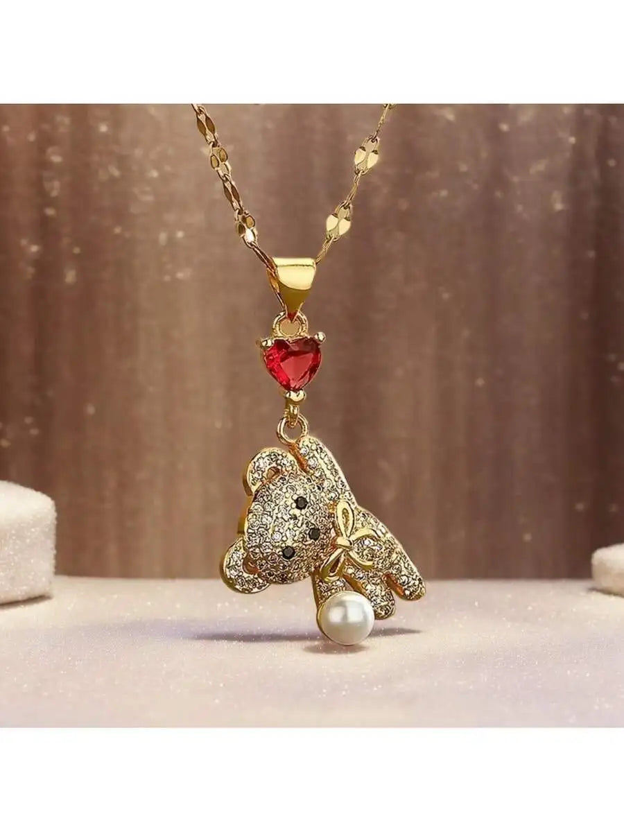 Cute Bear Pendant Necklace With Rhinestone Inlay For Women Titanium Steel Chain