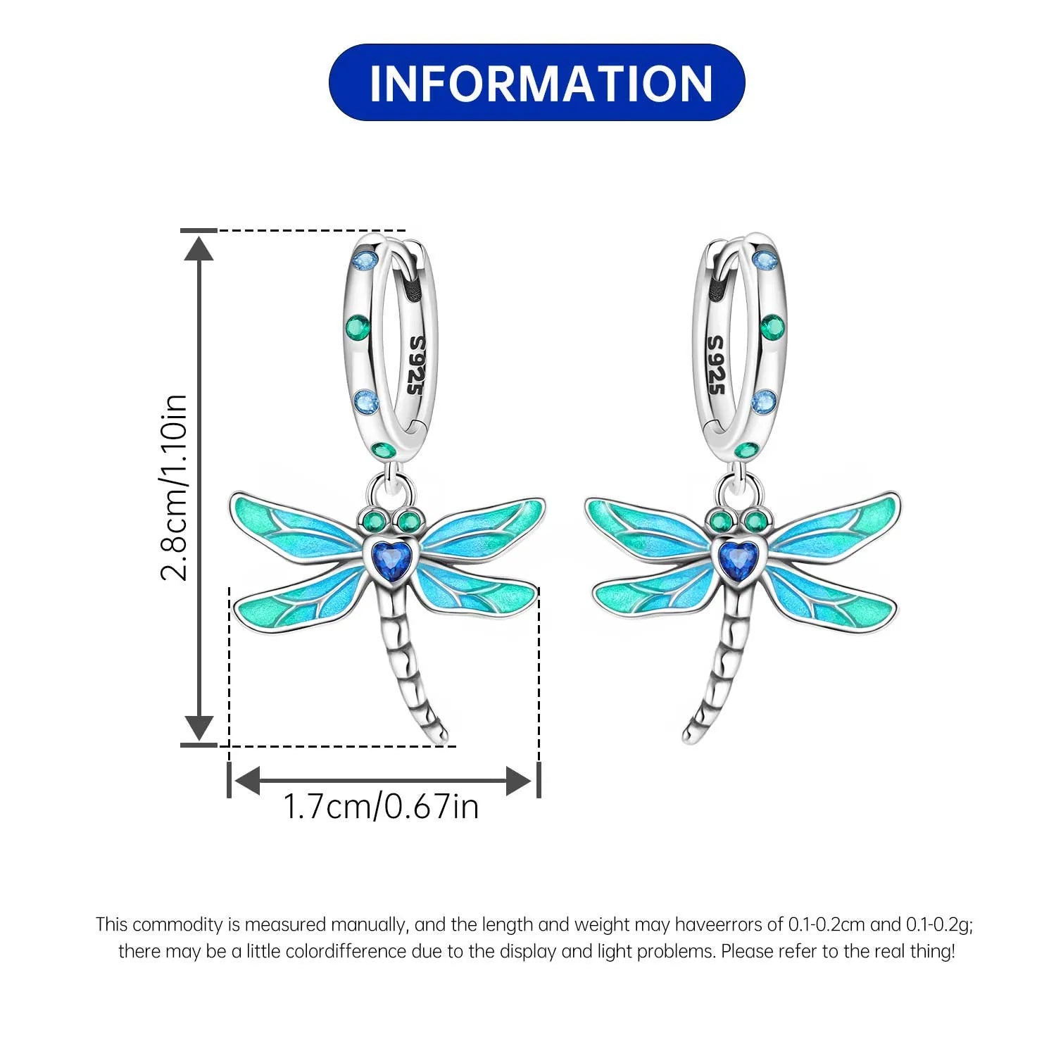 Beautiful S925 Sterling Silver Zirconia Butterfly Gradient Dragonfly Earrings