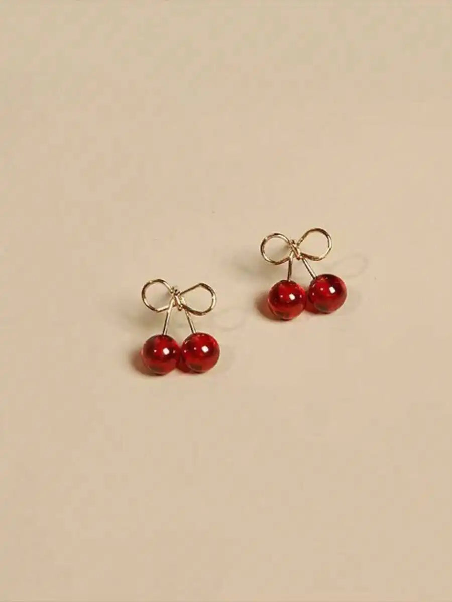 Cherry Wine Red Cute Fruit Design Small Stud Earrings For Women