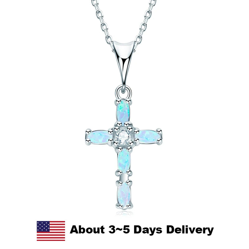 Blue Synthetic Opal Cross Pendant Necklace 925 Sterling Silver Vintage Silver Color