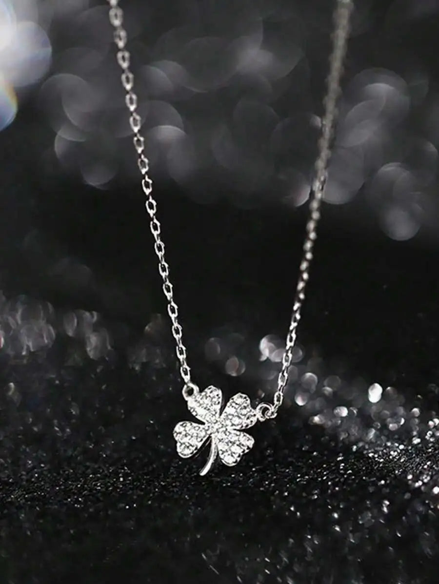 Silver Color Lucky Clover Rhinestone Pendant Chain Necklace For Women