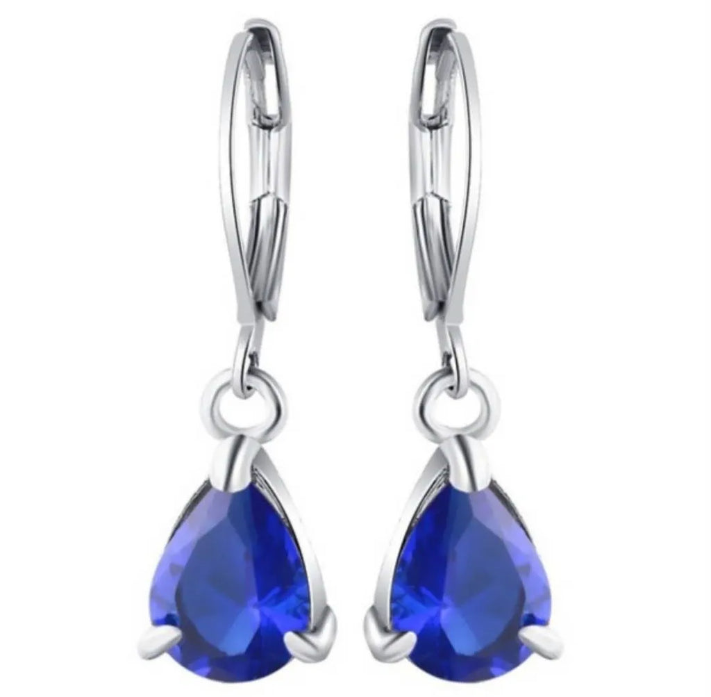 Fashion Jewelry Ladies Blue White Water Drop Shaped Crystal Rhinestone Zircon Metal Dangle Earring for Women