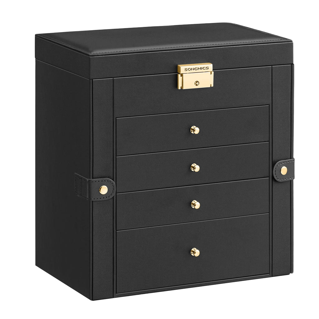 Beautiful 5-Layer Jewelry Box Organizer with 4 Drawers, Jewelry Storage Case with Lock and Mirror