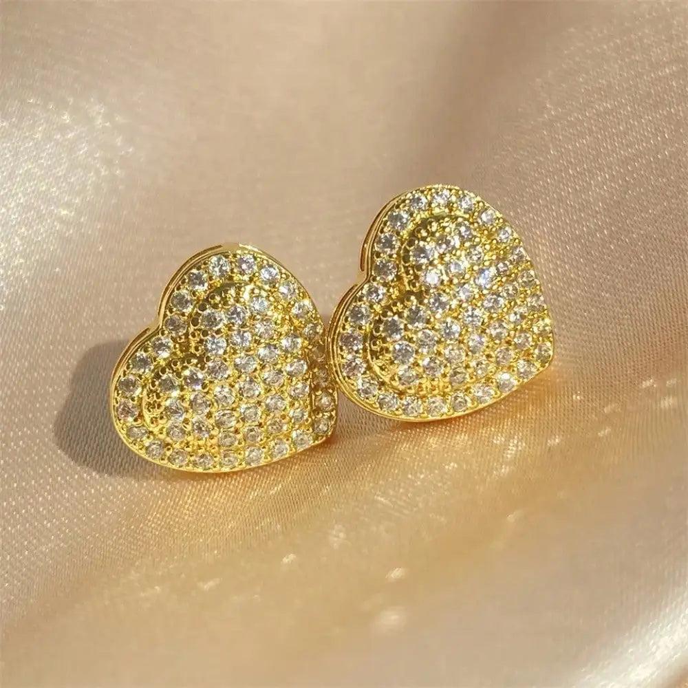 Full Paved Zircon Puffy Heart Stud Earrings Two Tone Gold Silver Plated