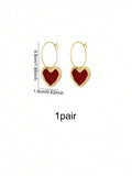 Retro Elegant Alloy Burgundy Heart Rhinestone Drop Earrings For Women
