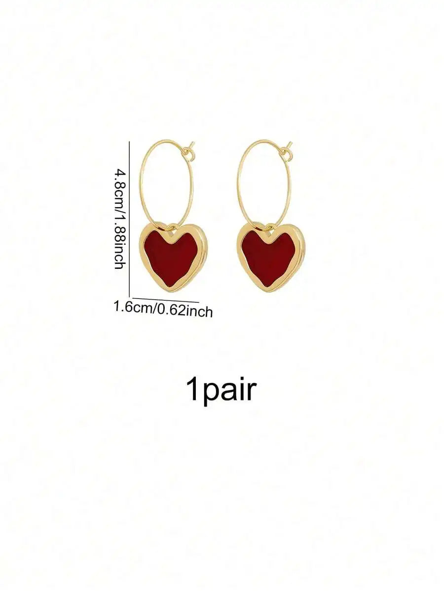 Retro Elegant Alloy Burgundy Heart Rhinestone Drop Earrings For Women