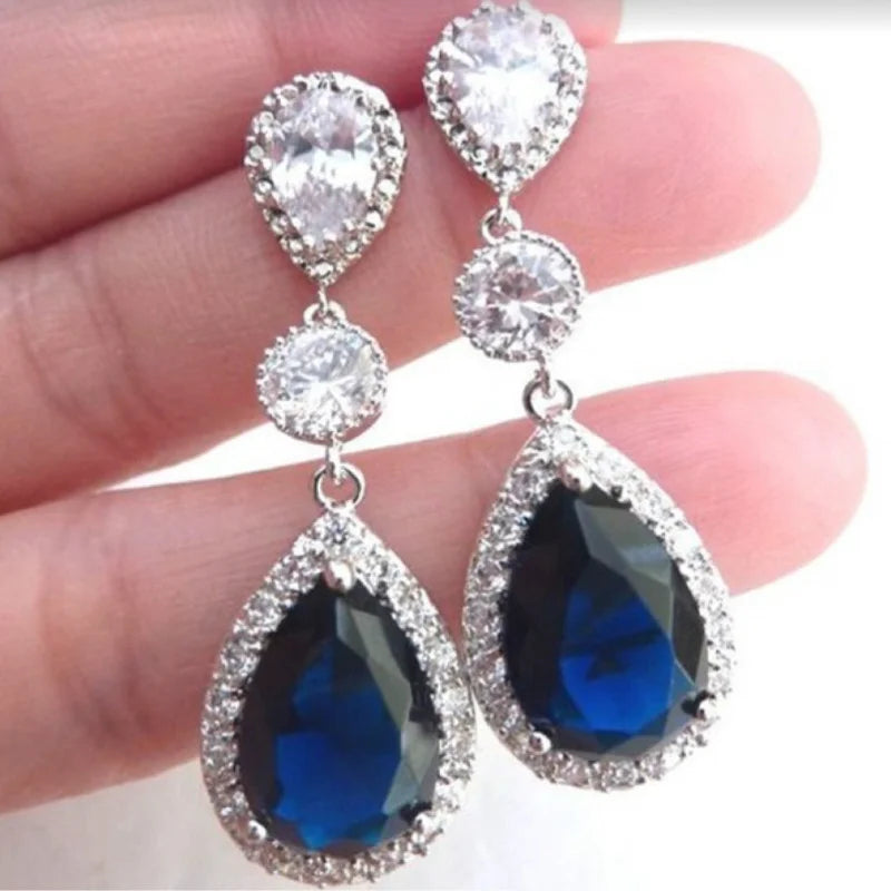 Fashion Jewelry Ladies Blue White Water Drop Shaped Crystal Rhinestone Zircon Metal Dangle Earring for Women