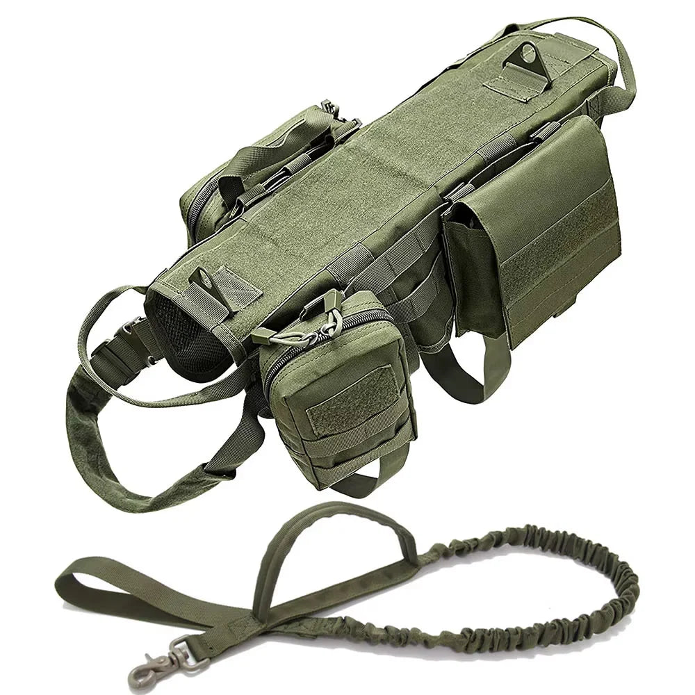 Large Dog Tactical Harness & Leash with MOLLE Pouches Military Vest with Handle