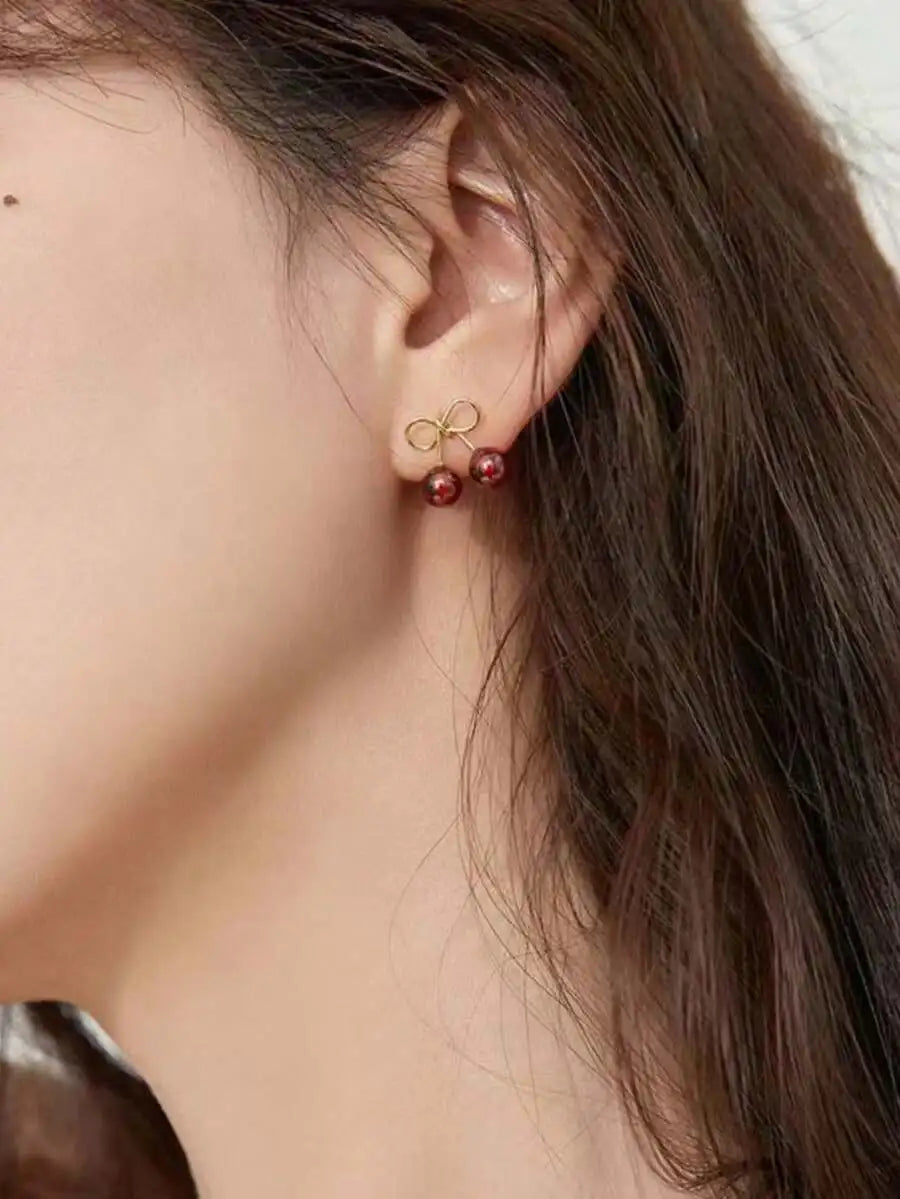 Cherry Wine Red Cute Fruit Design Small Stud Earrings For Women
