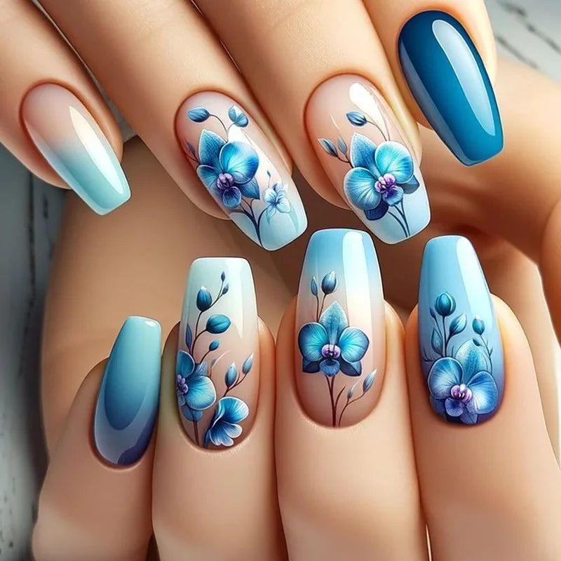 24pcs Press on Nails Flower Design Mid-length Ballet False Nail