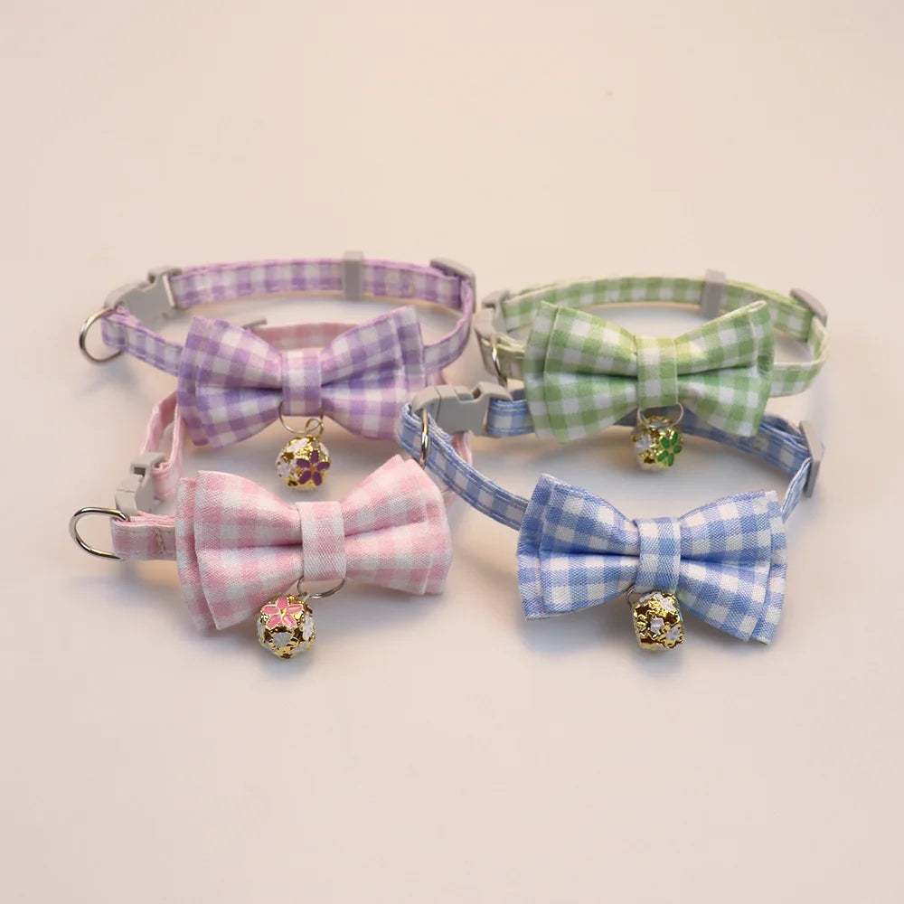 Beautiful pet collar cat dog bow plaid bell collar floral colored