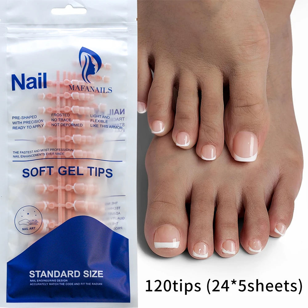 120Pcs Glossy Nude Pink French Press-On-Toenail Set 1*Box Short French Square  Fake Toe Nails Solid