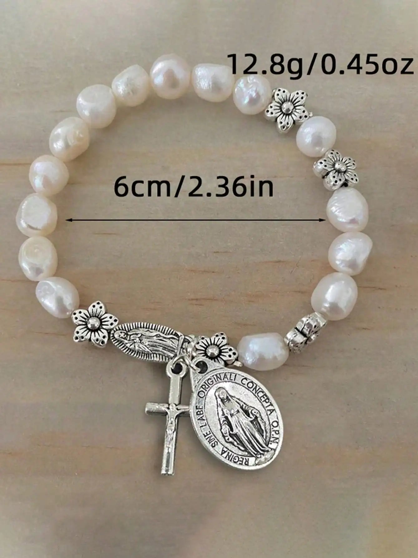 Beautiful Faux Pearl Beaded Flower & Cross Virgin Mary Pendant Bracelet, Vintage Style