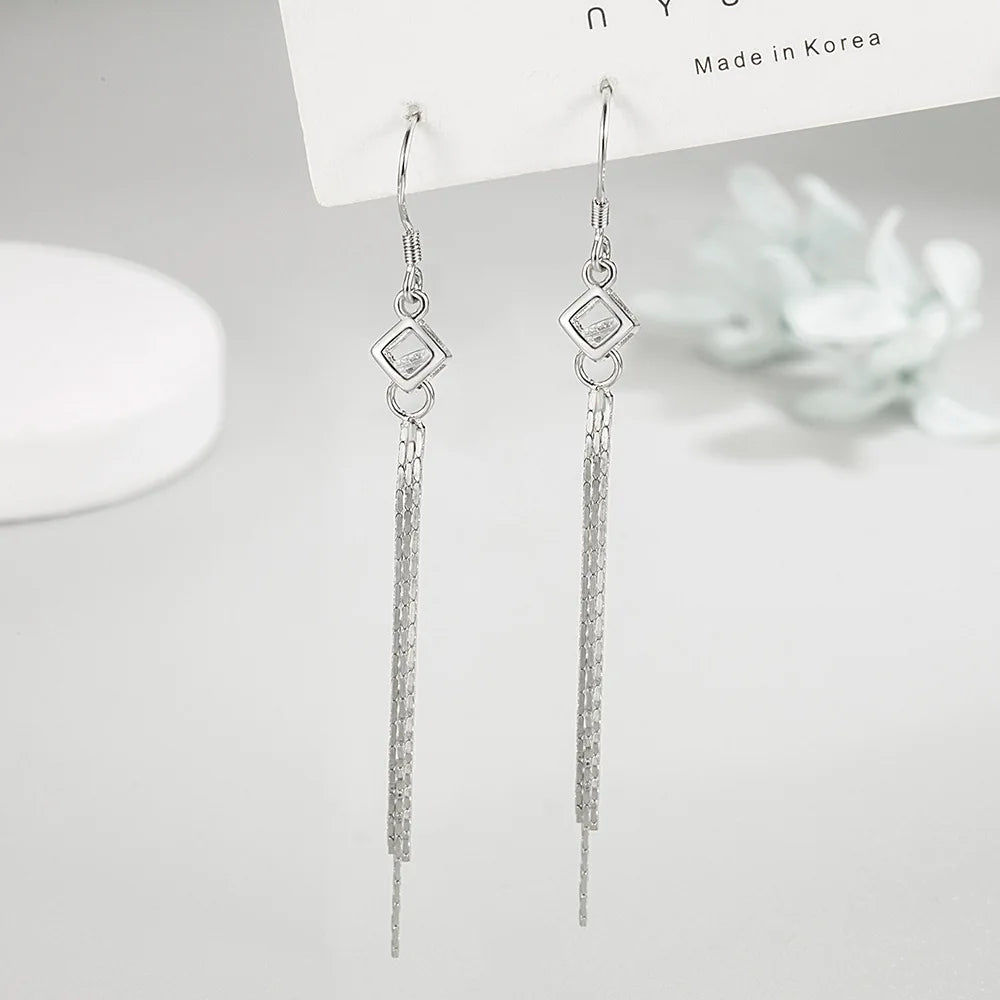 Pure 925 Silver Long Chain Hollow Square Box Crystal Zircon Earrings