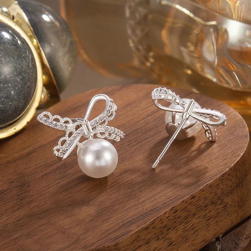 Cute Girl Fashion Trendy Lace Bow Pearl Earrings