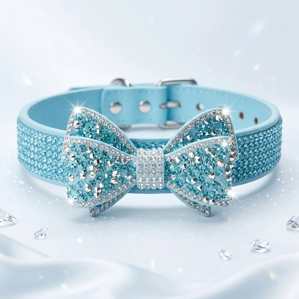Dog / Cat Collar Pink Rhinestone Bow Princess Style No Choke Secure Stones