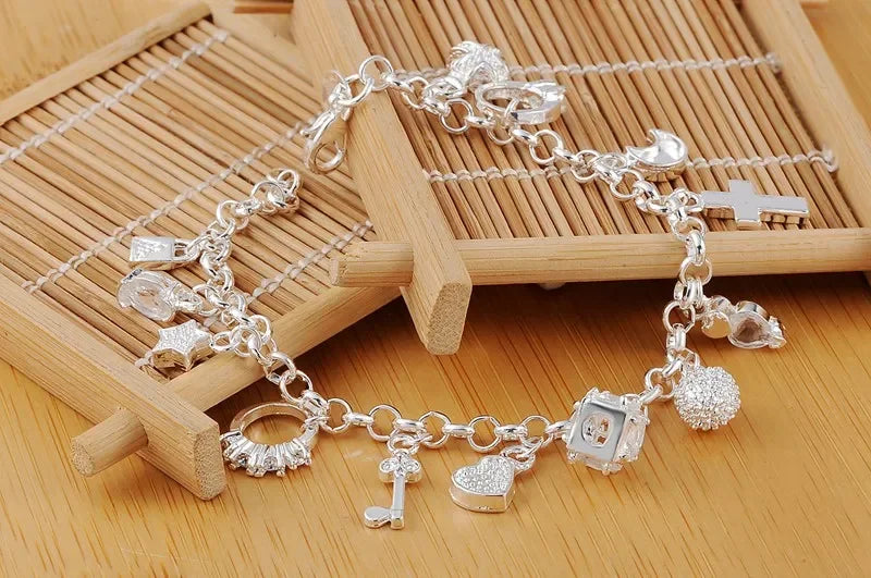 Fashion 925 Sterling Silver Bracelet for Woman Pretty Heart Zircon Pendant Chain 20CM 8inch