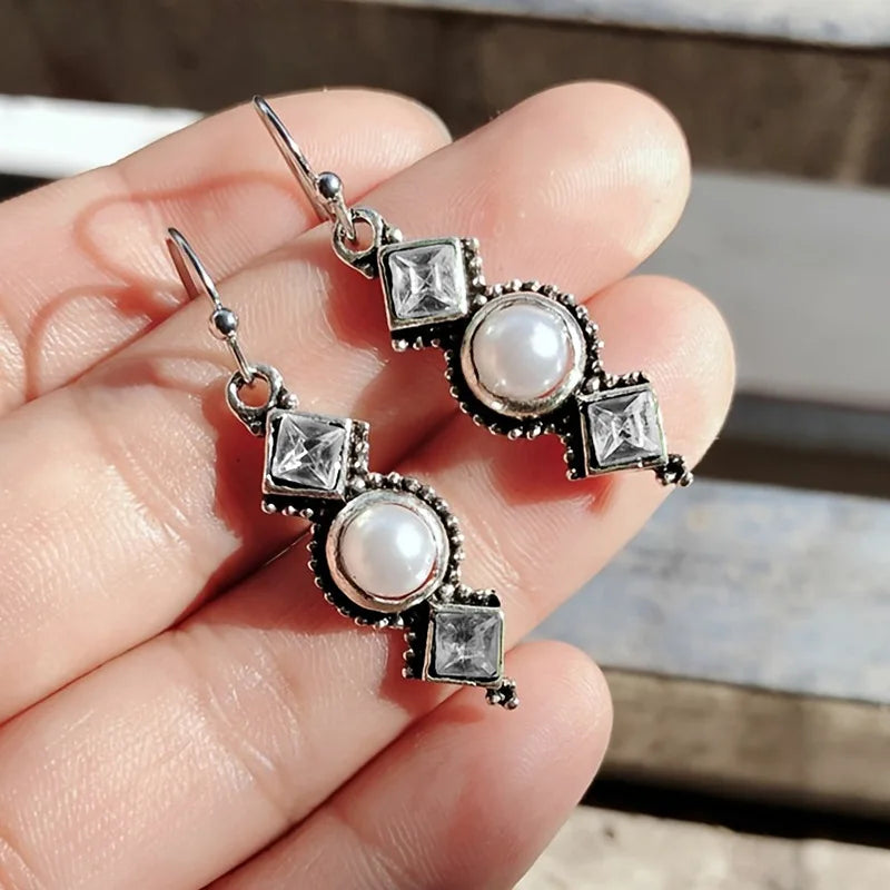 Vintage Thai Silver Pearl Earrings, Creative Square Zircon Olive Green Long Dangle Earrings