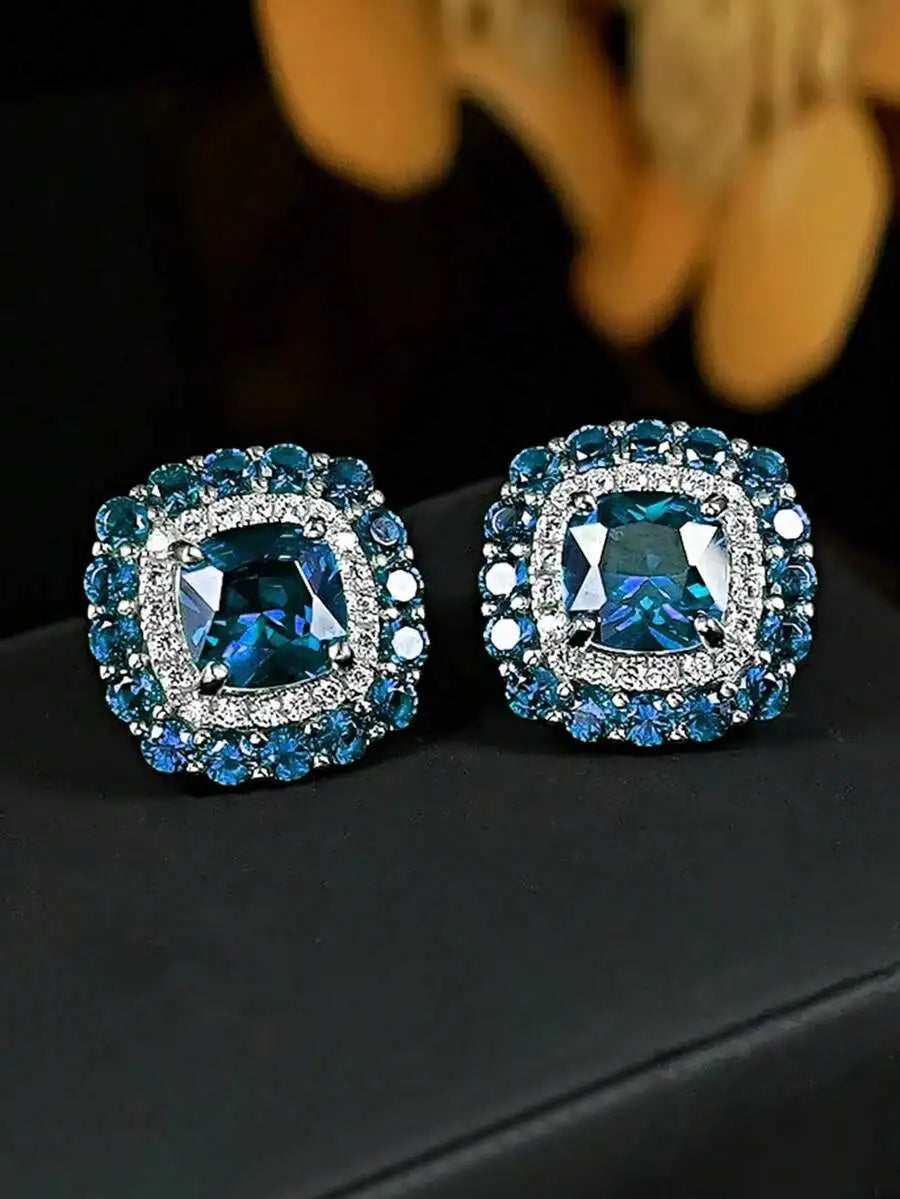 Square Cut Pink Cubic Zirconia Halo Stud Earrings For Women
