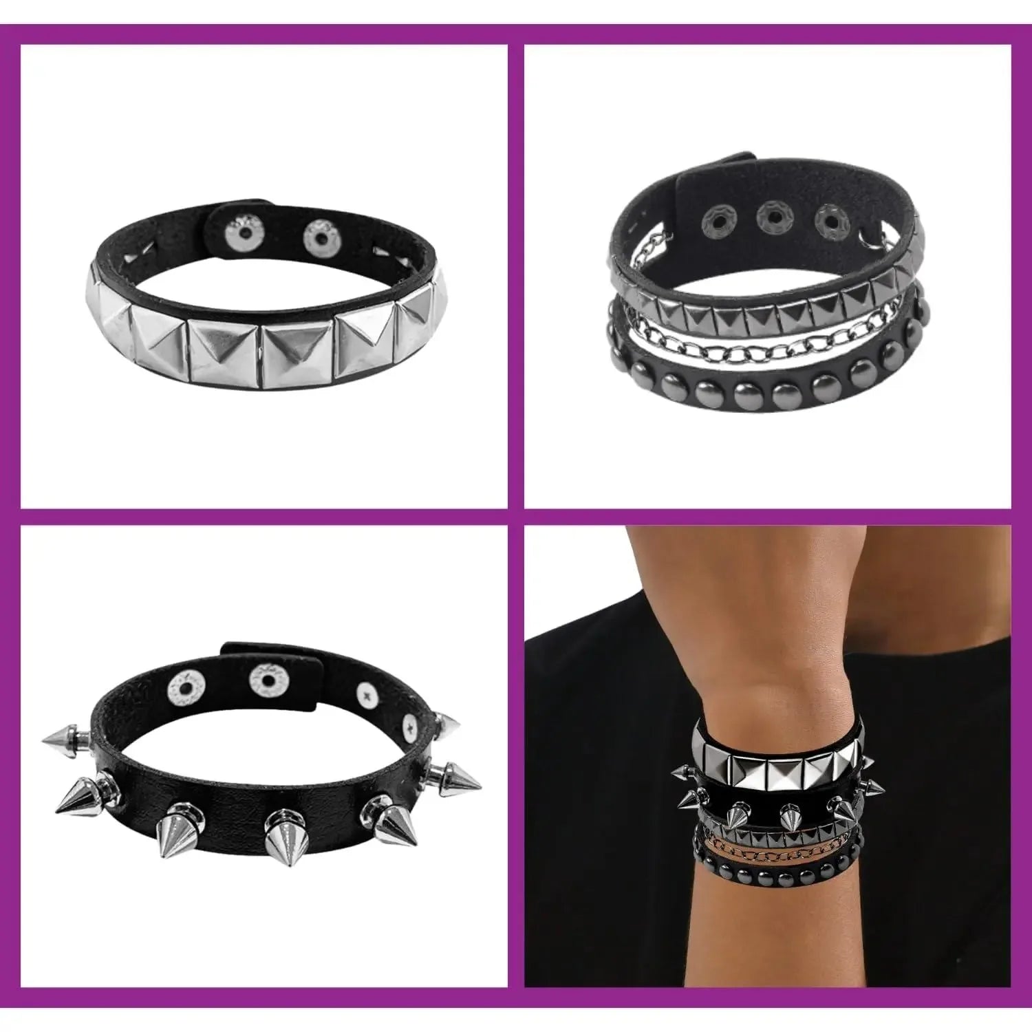 3 Piece Punk Rock Studded Bracelets Black Spiked Leather Cuff Bracelet for Men and Women Adjustable