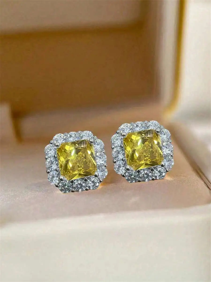 Square Cut Pink Cubic Zirconia Halo Stud Earrings For Women