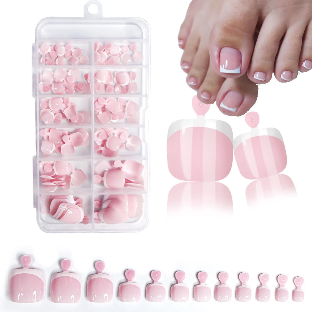 120Pcs Glossy Nude Pink French Press-On-Toenail Set 1*Box Short French Square  Fake Toe Nails Solid
